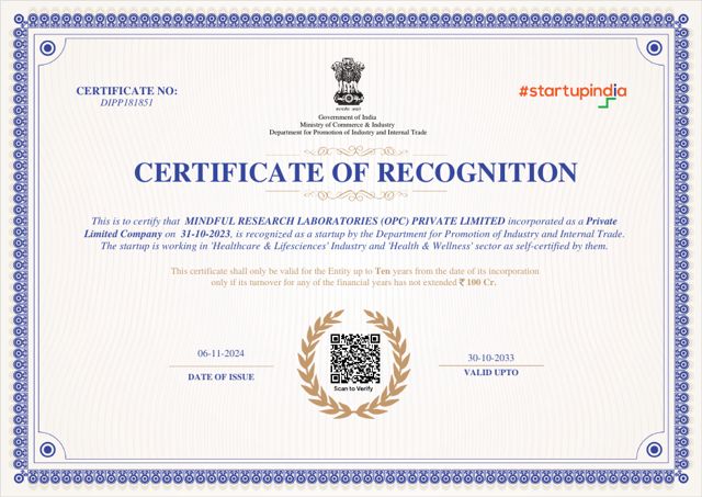 Startup India Certificate of Recognition